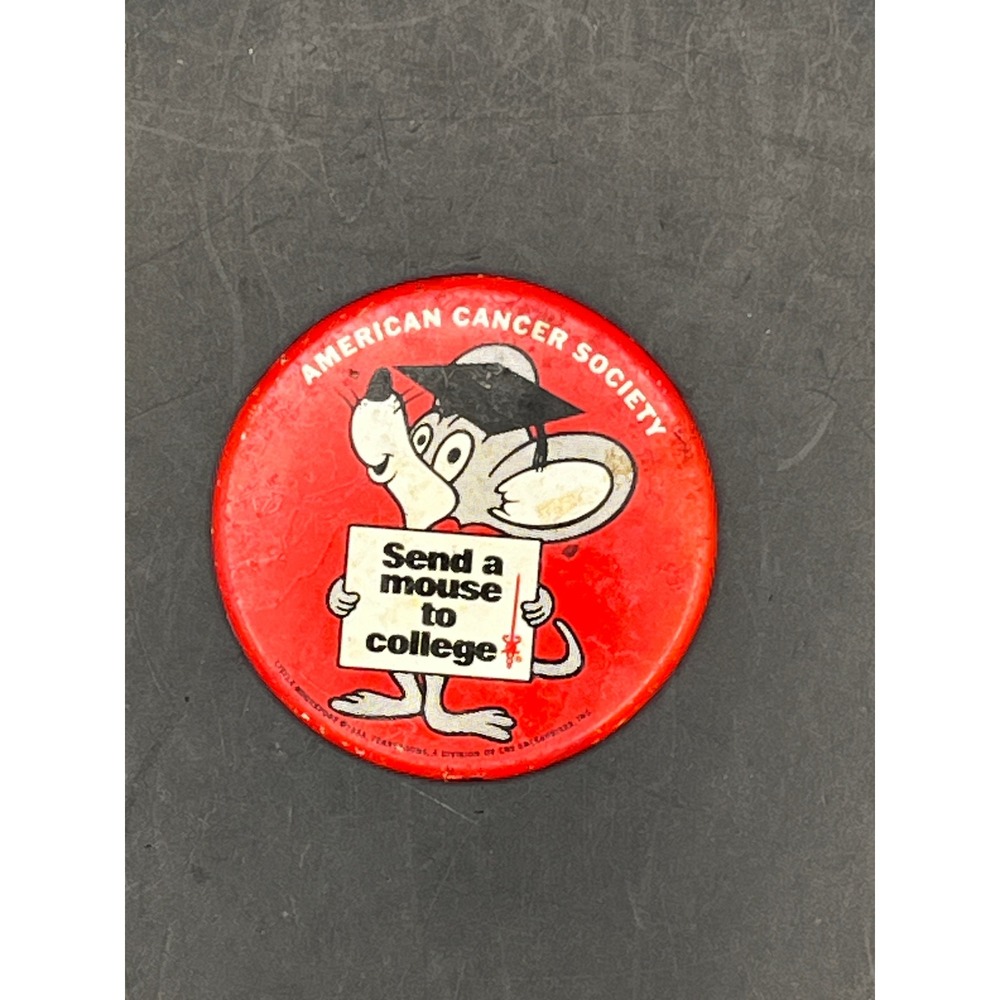 Vtg American Cancer Society Pinback Button Send A Mouse to College Pin 1969